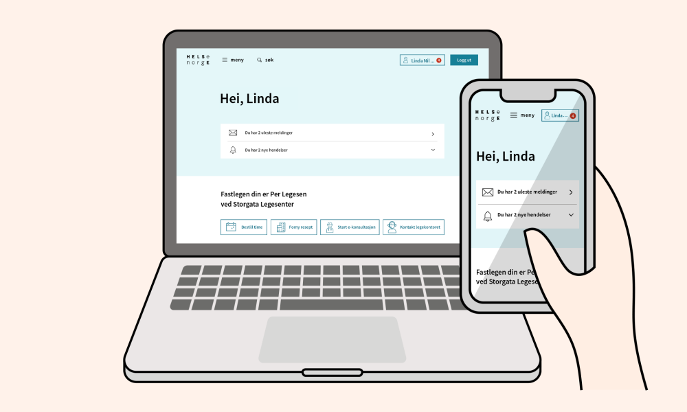 Vi ser en tegning av en pc, som viser løsningen Digi Helsestasjon. Og en hånd som viser den samme på en mobiltelefon.