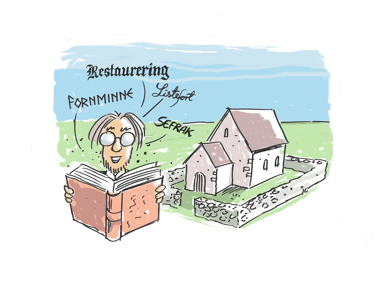Tegning av kulturminne i form av steinkirke, med mann med bok foran